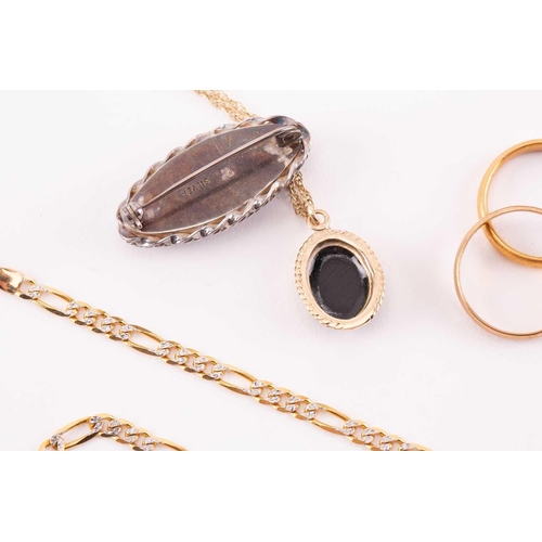 129 - Two gold wedding bands, jewellery items set with Blue John fluorite and a necklace; including a 22ct... 