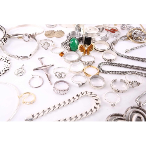 13 - A lot consisting of assorted white metal jewellery, to include a silver open bangle, engraved with g... 