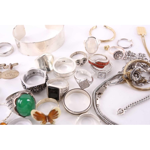 13 - A lot consisting of assorted white metal jewellery, to include a silver open bangle, engraved with g... 