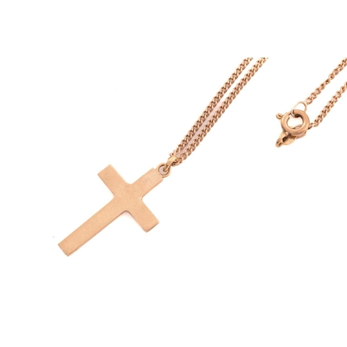 136 - A small collection of 9ct gold items; including a cross pendant on a fine curb chain with a spring-r... 