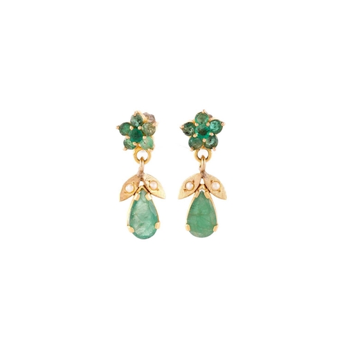 142 - Three pairs of gem-set earrings in high carat; to include a pair of earrings set with white and purp... 