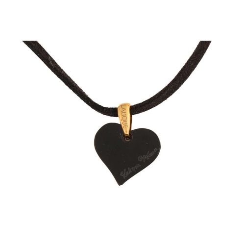 149 - Lalique - a black 'Amoureuse Beaucoup' heart pendant, with a yellow coloured gilt metal bale on an u... 