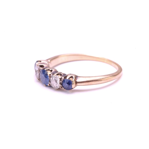 155 - A Sapphire and old-cut Diamond five-stone ring, set with a central round Sapphire flanked by two old... 