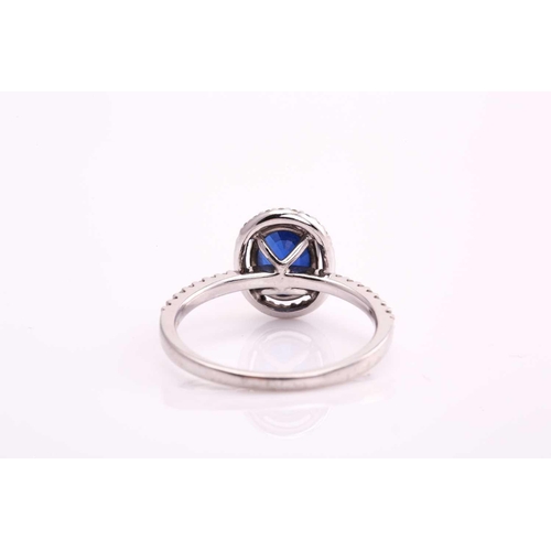 162 - A sapphire entourage ring, consisting of an oval brilliant-cut sapphire with vivid and intense blue ... 