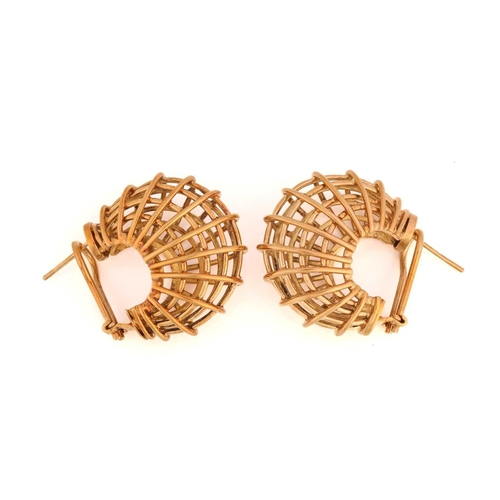 163 - A pair of 14ct yellow gold hoop earrings of wired basket design, fitted with post and omega clip, Lo... 