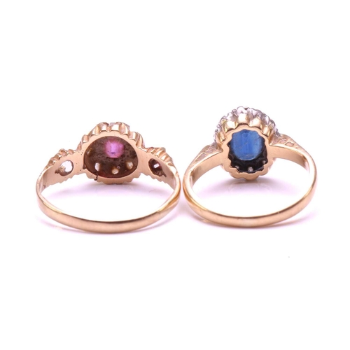 164 - Two gem-set rings in 18ct gold; a sapphire and single-cut diamond cluster ring, with chenier shoulde... 