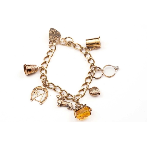 17 - A 9ct gold charm bracelet, and a silver novelty horseshoe napkin ring; The charm bracelet consisting... 