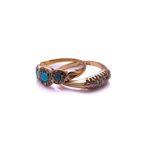 176 - A late Victorian turquoise and diamond triple cluster ring, composed of three circular turquoise bea... 