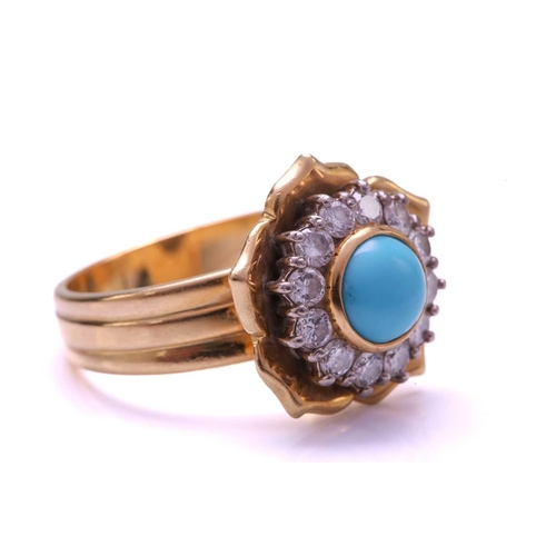 178 - A turquoise and diamond cluster ring in floral design, centred with a round turquoise cabochon of 7.... 