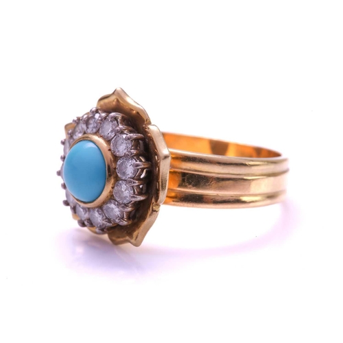 178 - A turquoise and diamond cluster ring in floral design, centred with a round turquoise cabochon of 7.... 