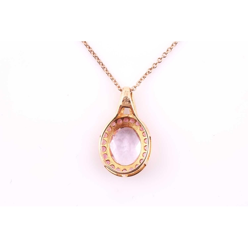 181 - A Kunzite and diamond cluster pendant, in 18ct rose gold, modern assay marks, to a 9ct rose gold tra... 