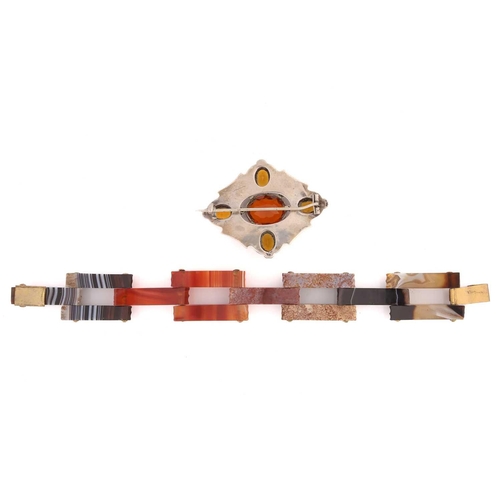 184 - A Scottish agate bracelet of gate link form, overall 19.5cm long together with an unmarked white met... 