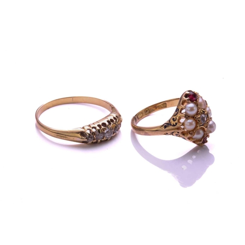 25 - A mid Victorian ruby, pearl and diamond ring, with central old cut diamond, within a six stone pearl... 