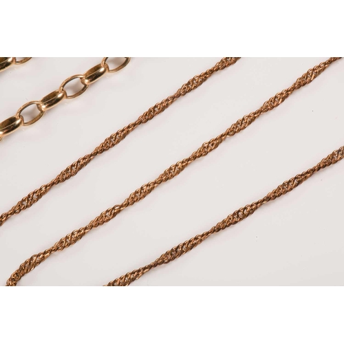 267 - A 9ct gold chain and two others; a long belcher chain with oval links, fastens with spring-ring clas... 