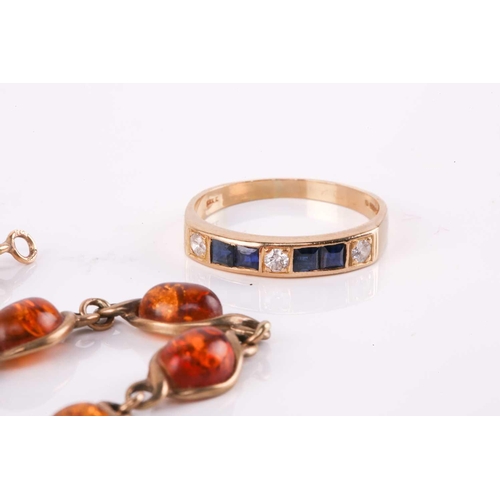 274 - A sapphire and diamond half hoop eternity ring; comprising, three round brilliant cut diamonds and t... 