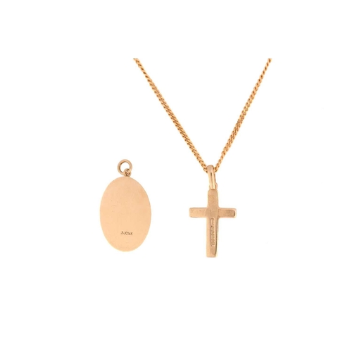 277 - A 9ct yellow gold cross pendant on chain and another; comprising a plain cross pendant to simple bai... 