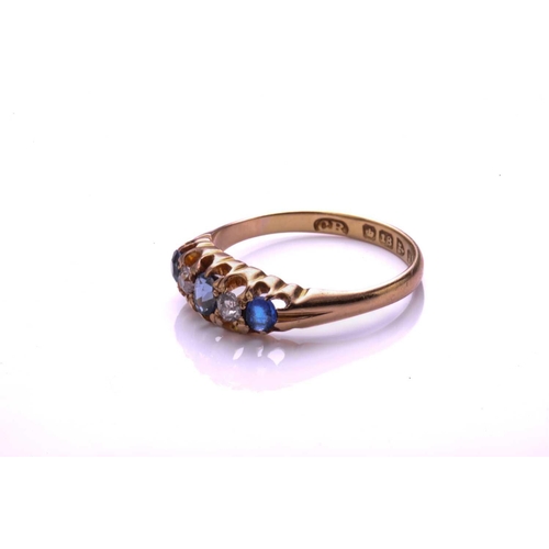 285 - A late Victorian sapphire and diamond five stone half hoop ring; the mixed old cut sapphires and dia... 