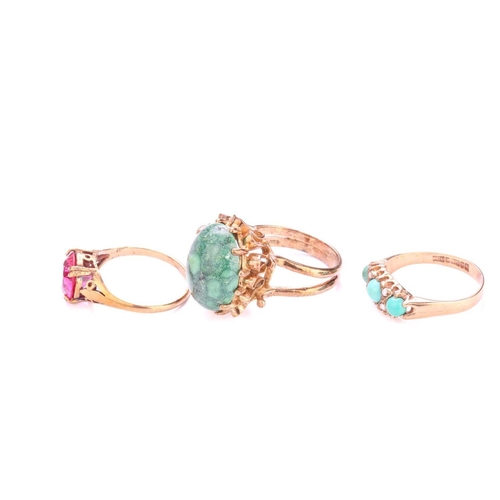 313 - Three gem-set rings in 9ct gold; to include a three-stone turquoise half hoop ring, flanked by seed ... 