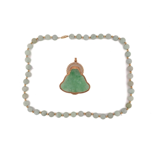 318 - A jade and diamond pendant in the form of a seated Buddha with a halo of clear stones. Yellow metal ... 