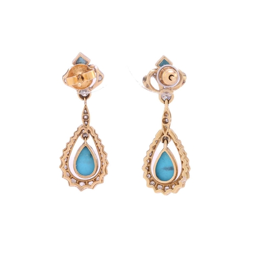 321 - A pair of turquoise and diamond pendant earrings, each consisting of a pear-shaped turquoise cabocho... 