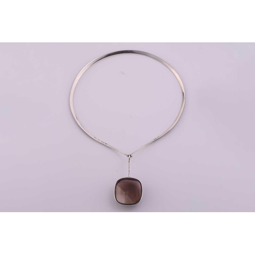 329 - Georg Jensen - 'Neck Ring' with square smoky quartz drop pendant; comprising a streamlined tension c... 