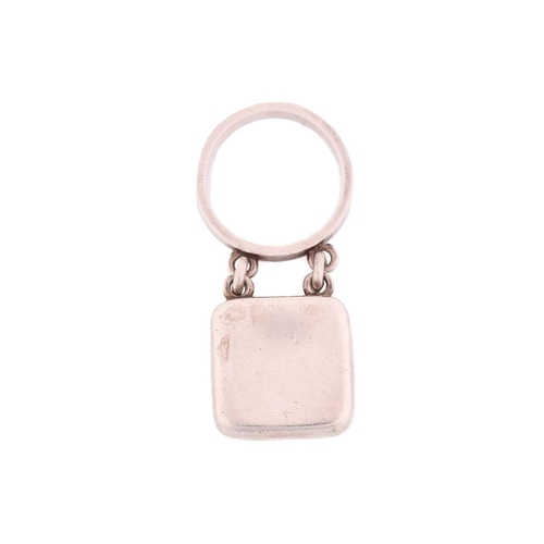 332 - Georg Jensen - square dangle ring, with a hollow rounded square charm attached to a flat ring band, ... 