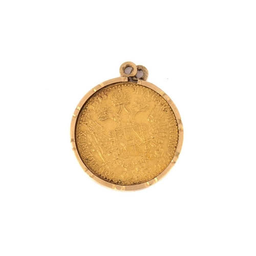 343 - An Austrian 1 Ducat coin in a yellow metal pendant mount, 1915, total weight of item 4.6 grams.