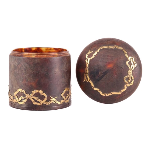 355 - A Victorian tortoiseshell box and cover, of cylindrical form with a domed screw-down cover decorated... 