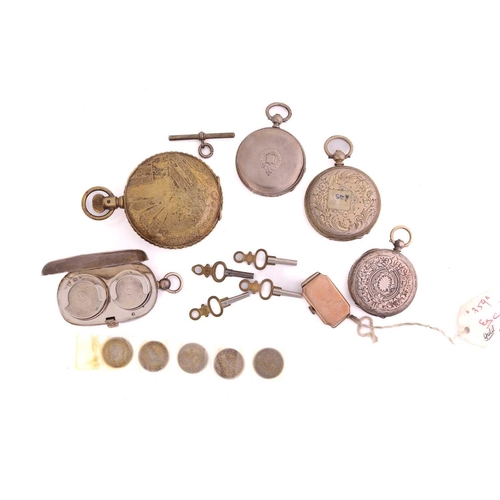 389 - A collection of four pocket watches, one 9ct wristwatch, a silver coin dispenser, five coins, an Alb... 