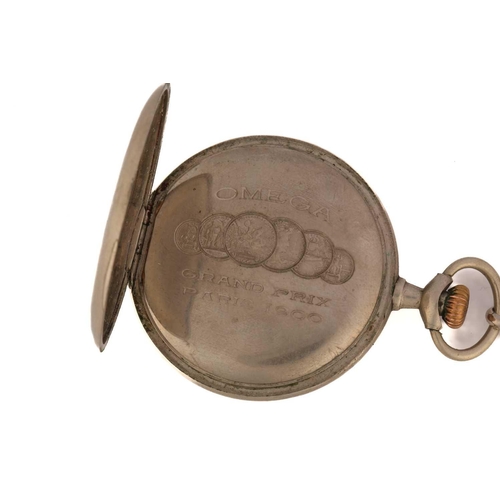 416 - An Open faced Omega pocket watch engraved Grande Prix 1900, with a keyless wound movement signed Ome... 