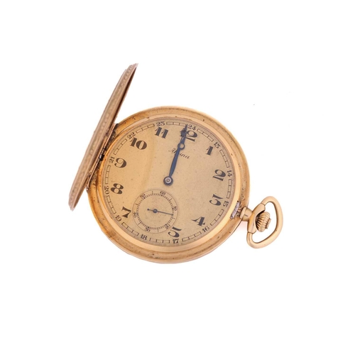 420 - An Art Deco Alpina hunting cased pocket watch; champagne dial, black Arabic numerals, blued hands an... 