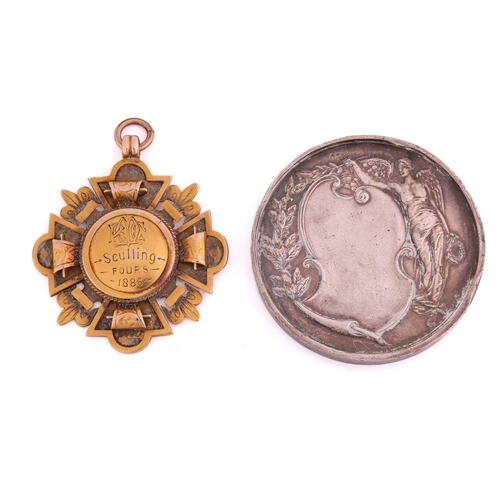 429 - A yellow metal fob, with inscription 'RMC Sculling Fours 1886', and verso 'No:3 F J Furnival 61', st... 