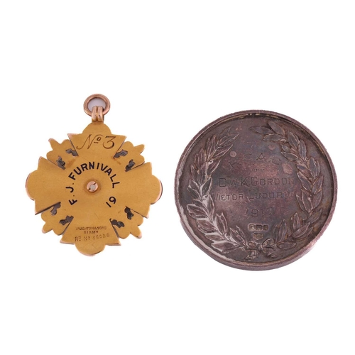 429 - A yellow metal fob, with inscription 'RMC Sculling Fours 1886', and verso 'No:3 F J Furnival 61', st... 