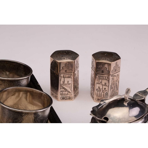 431 - A set of Tackhing bamboo patterned napkin rings, ladle, salt cellars and pepperette, marked 'sterlin... 