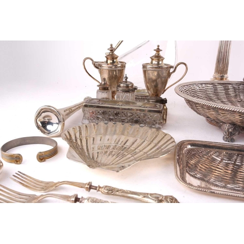 440 - A mixed collection of silver and plate including a pair of claret jugs with silver plated mounts in ... 