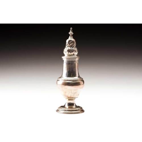 452 - Two Georgian silver casters, the smallest George II example of baluster form with acorn finial, Lond... 