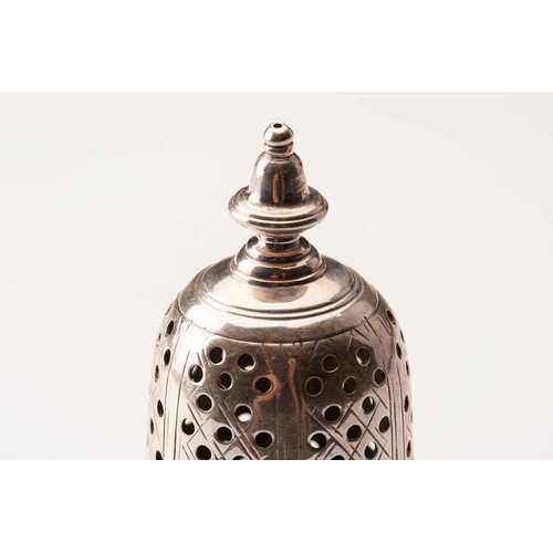 452 - Two Georgian silver casters, the smallest George II example of baluster form with acorn finial, Lond... 