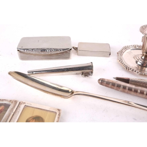 465 - A collection of small interesting silver items including an early Victorian silver rectangular snuff... 