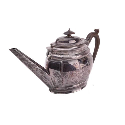 473 - A George III silver teapot, London 1800 by Samuel Henell, with auricular shaped pear wood handle and... 