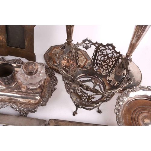 482 - A mixed collection of silver and silver plate to include a pierced silver basket with swing handle o... 