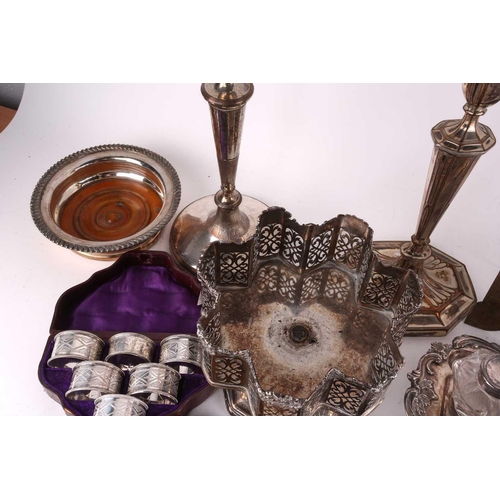 482 - A mixed collection of silver and silver plate to include a pierced silver basket with swing handle o... 