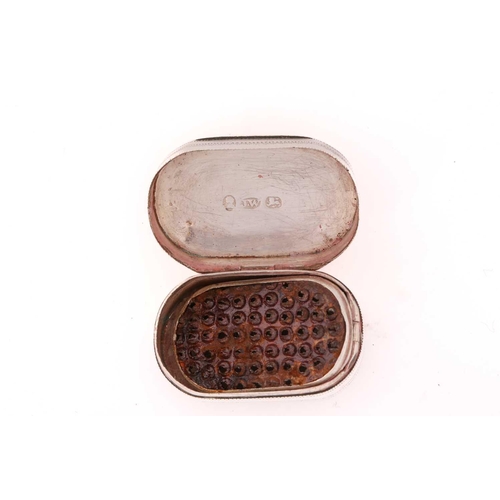 484 - A George III silver nutmeg grater; oblong with trellis engraved cover around a central rectangular c... 