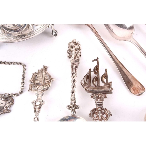 492 - A small collection of silver items including Dutch cast silver Galleon topped cabinet spoons, table ... 