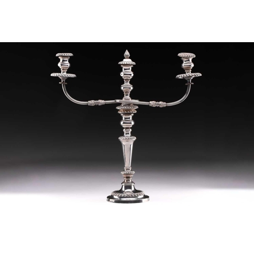 498 - A pair of large silver plated two branch candelabra, the two scroll branches with detachable gadroon... 