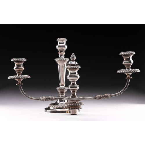 498 - A pair of large silver plated two branch candelabra, the two scroll branches with detachable gadroon... 