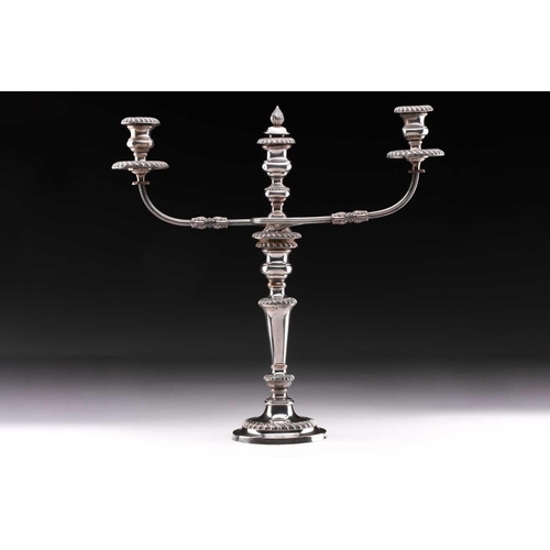 498 - A pair of large silver plated two branch candelabra, the two scroll branches with detachable gadroon... 