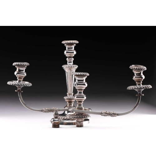 498 - A pair of large silver plated two branch candelabra, the two scroll branches with detachable gadroon... 