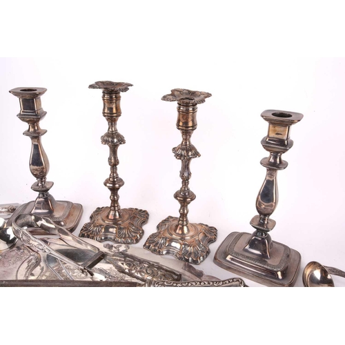 501 - A pair of 18th century old Sheffield plate double knop table candlesticks with lobed bases, 26 cm hi... 