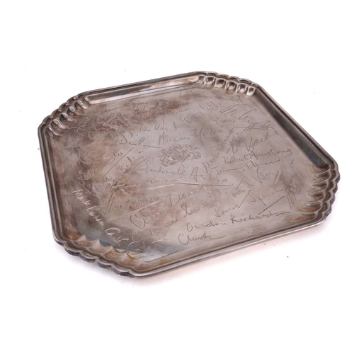 502 - An Asprey & Co. Ltd silver salver, of square form with lobed canted corners, the centre engraved wit... 