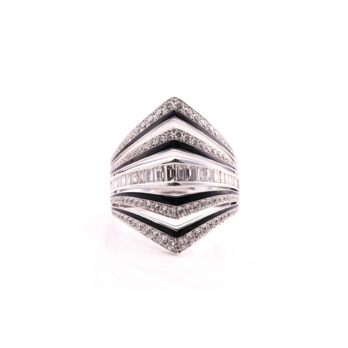 55 - A Stephen Webster Vertigo gaining perspective diamond and enamel ring, consisting of tapered baguett... 